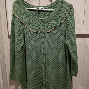 Liz Claiborne Green Knit Chainlink Cardgian Large